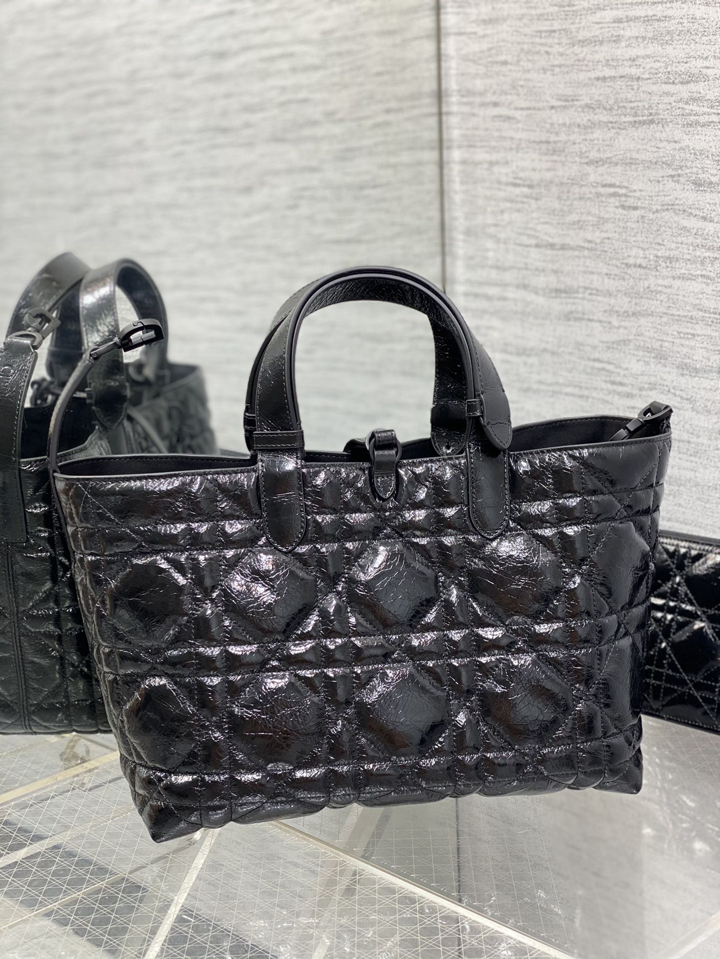 Medium Dior Toujours Bag Black Macrocannage Crinkled Calfskin